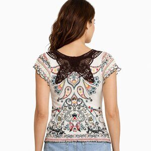 Almost Famous Y2K Babydoll Top Fairy Sheer Lace Butterfly Cap Sleeves Gauze sz M